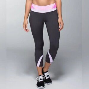 Lululemon Run‎ Inpire Crop II, Womens Gray Crop Leggings Pink Waistband, Size 4